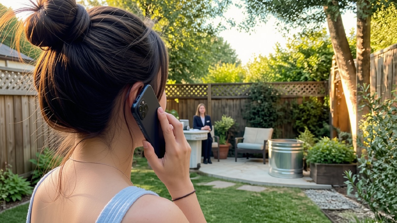 Homeowner calling to request a landscaping quote from her backyard