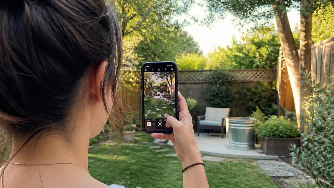 Homeowner photographing her garden to complete the quote request