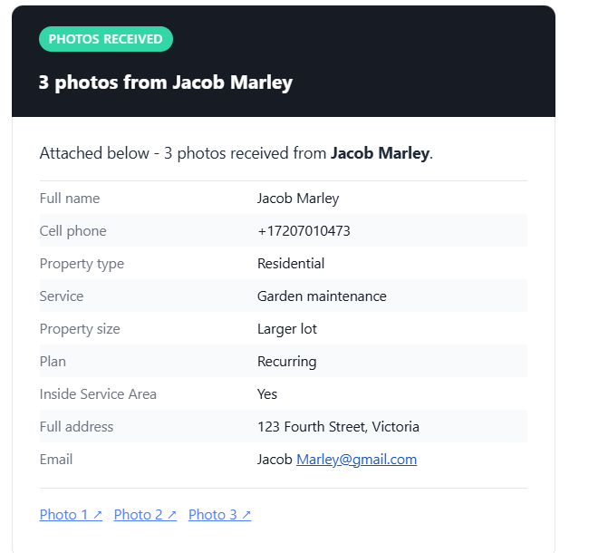 Quote package email showing lead details and photos from Jacob Marley